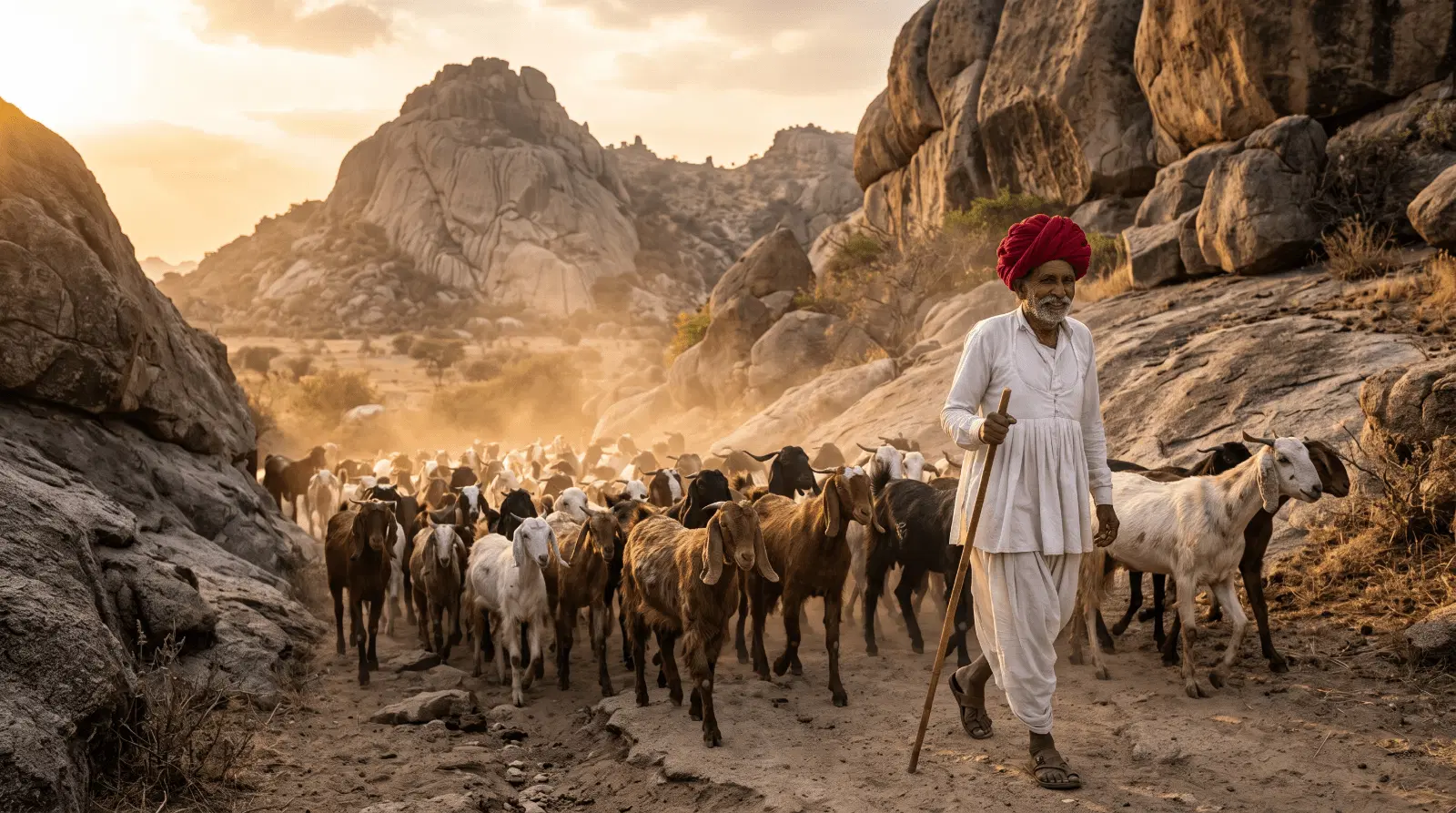 Shepherd Guiding Goats Through Landscape